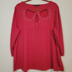 Adrienne Vittadini women's 2X red sparkle 3/4 sleeve cut out bust rhinestone top